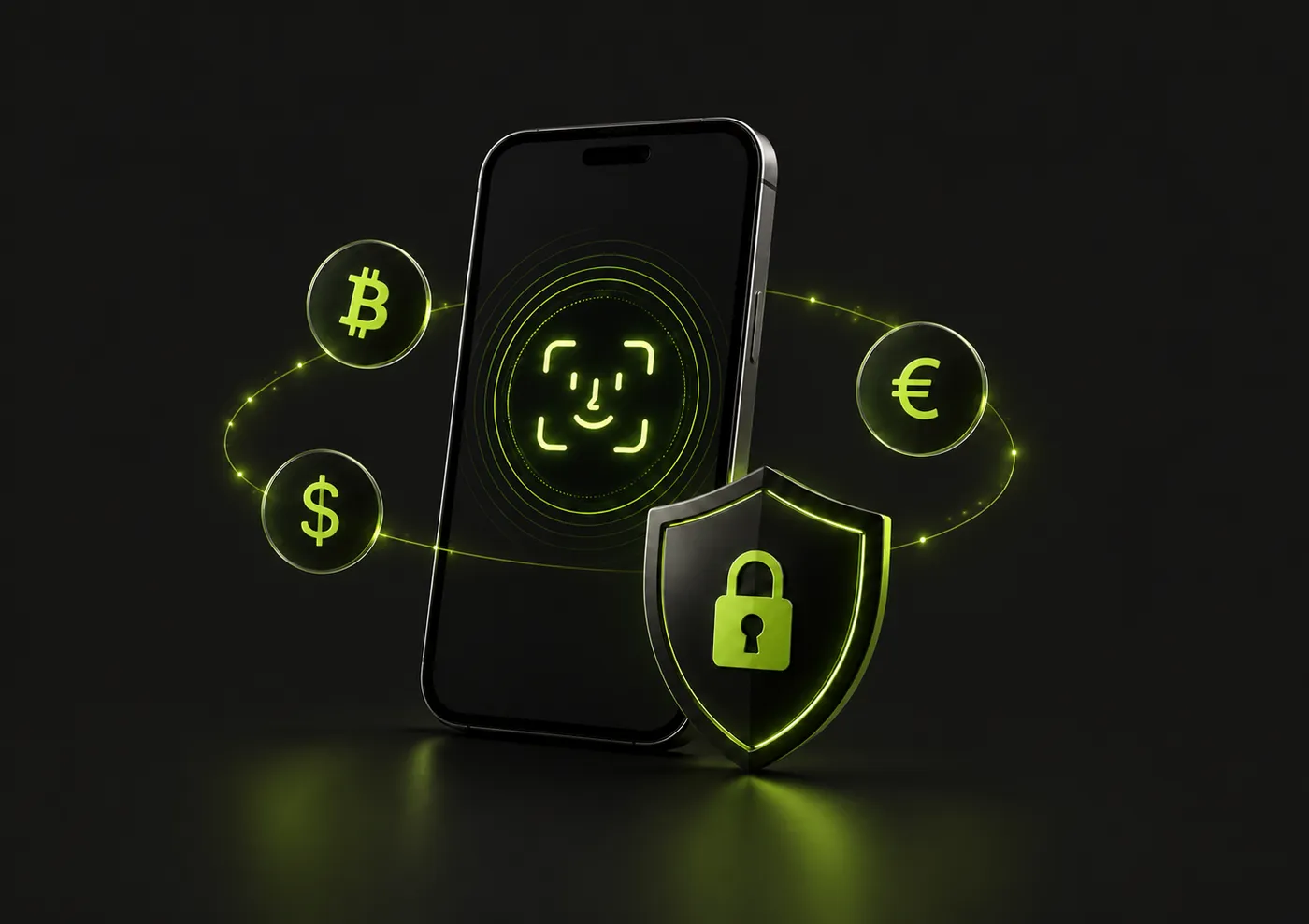 Phone with face recognition, a shield with a padlock and bitcoin, dollar and euro coins in orbit